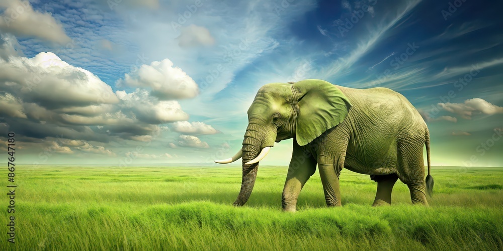 Fototapeta premium Green elephant walking in the wild grass field, elephant, wild, green, grass, field, nature, walking, big, wildlife