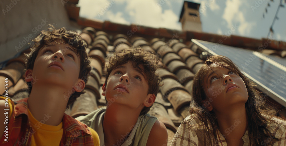 Obraz premium Curious Children Looking Skyward on a Sunny Day. Generative ai