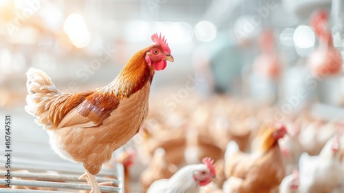 Close-up of a hen in a modern poultry farm. Vibrant and healthy chickens in a well-lit environment. Agriculture and farming concepts.