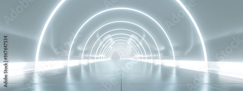 Abstract white tunnel with glowing neon lines and light effects. Product Presentation Background,光るネオンラインと光のエフェクトを持つ抽象的な白いトンネル。製品プレゼンテーションの背景,Generative AI	 photo