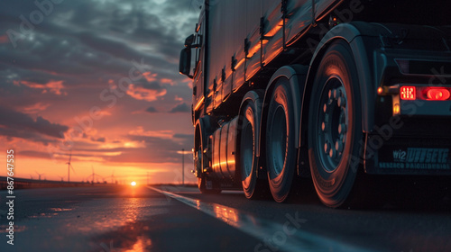 Low angle shot of a cargo truck runnning on the road at sunset photo