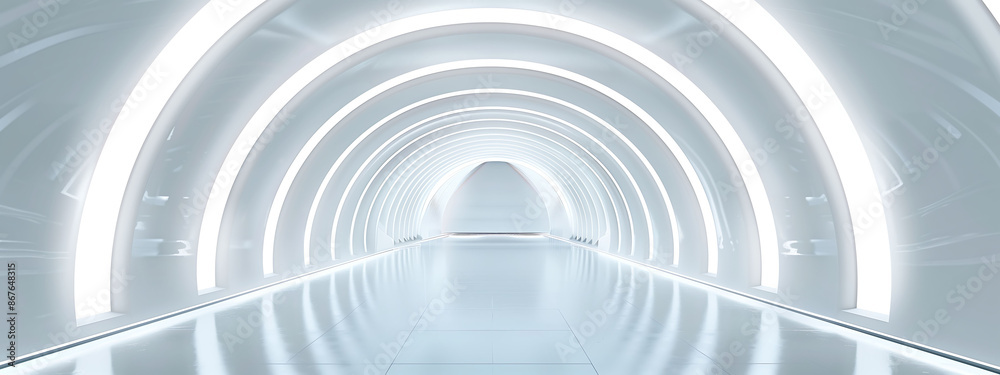 Naklejka premium 光るネオンラインと光のエフェクトを持つ抽象的な白いトンネル。製品プレゼンテーションの背景,Abstract white tunnel with glowing neon lines and light effects. Product Presentation Background,Generative AI