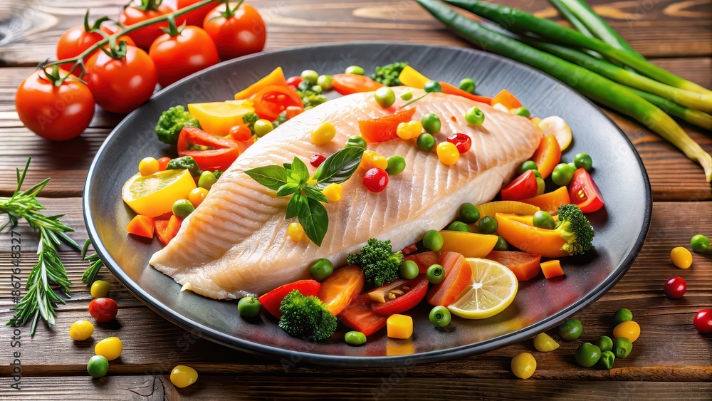 Freshly steamed tilapia fillet with a side of colorful vegetables, healthy, steamed, tilapia, fillet, seafood, fish, delicious Freshly steamed tilapia fillet with a side of colorful vegetables, healthy, steamed, tilapia, fillet, seafood, fish, delicious