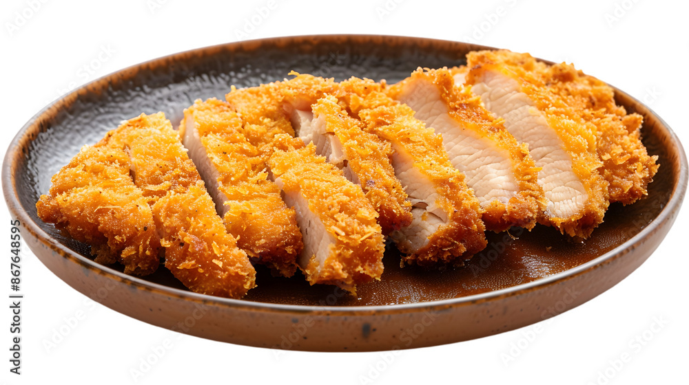 A realistic plate of crispy pork tonkatsu, golden-brown breading glistening, sliced and arranged neatly on a transparent background A realistic plate of crispy pork tonkatsu, golden-brown breading glistening, sliced and arranged neatly on a transparent background