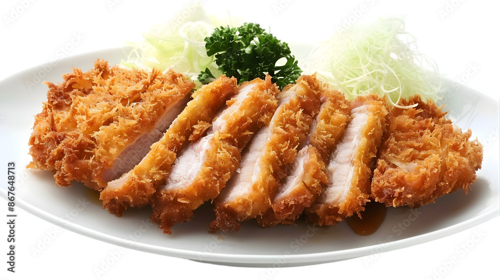 A realistic plate of crispy pork tonkatsu, golden-brown breading glistening, sliced and arranged neatly on a transparent background A realistic plate of crispy pork tonkatsu, golden-brown breading glistening, sliced and arranged neatly on a transparent background