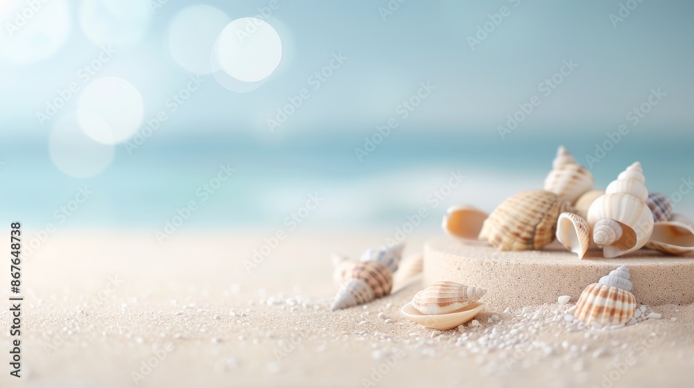 Collection of seashells on sandy beach with clear blue sky in background. Perfect for summer, vacation, and nature themes. Collection of seashells on sandy beach with clear blue sky in background. Perfect for summer, vacation, and nature themes.