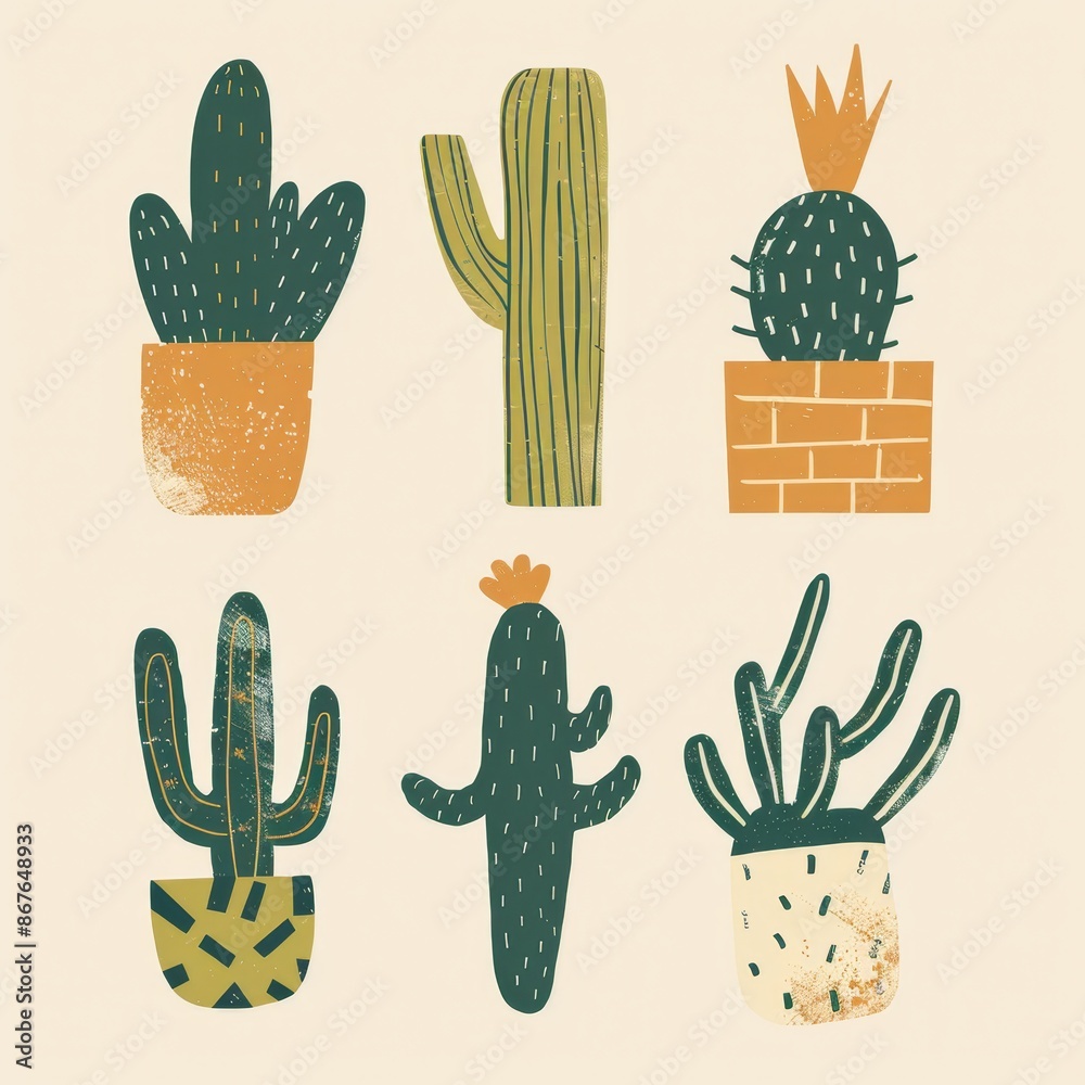 Naklejka premium Cute set of hand-drawn cactus illustrations in pots, perfect for home decor, greeting cards, and botanical-themed designs