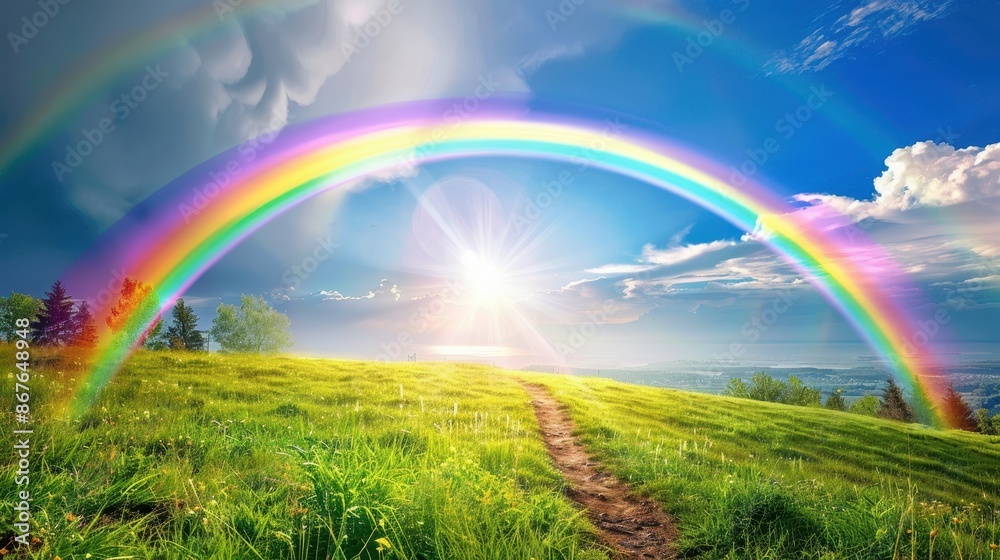 Nature's Palette: Colorful Rainbow Over Lush Green Meadow Under Blue Sky Nature's Palette: Colorful Rainbow Over Lush Green Meadow Under Blue Sky