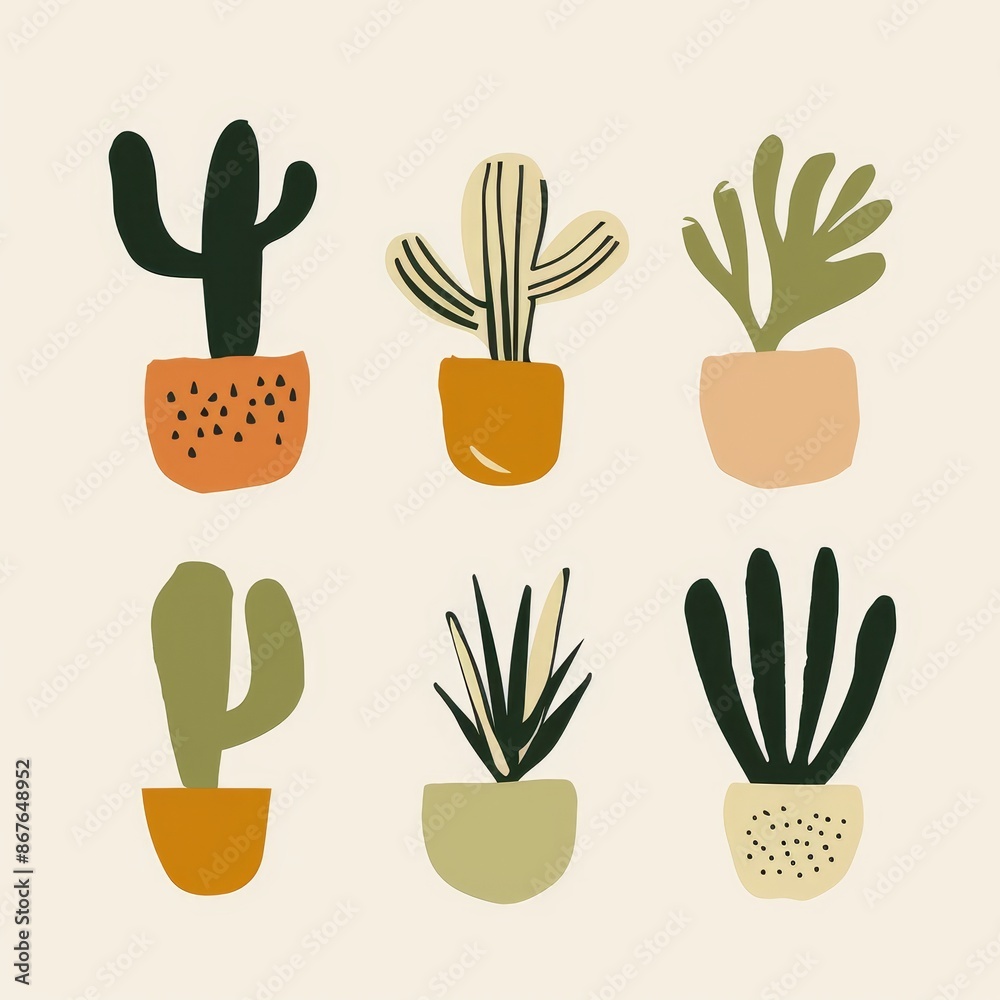 Cute set of hand-drawn cactus illustrations in pots, perfect for home decor, greeting cards, and botanical-themed designs Cute set of hand-drawn cactus illustrations in pots, perfect for home decor, greeting cards, and botanical-themed designs