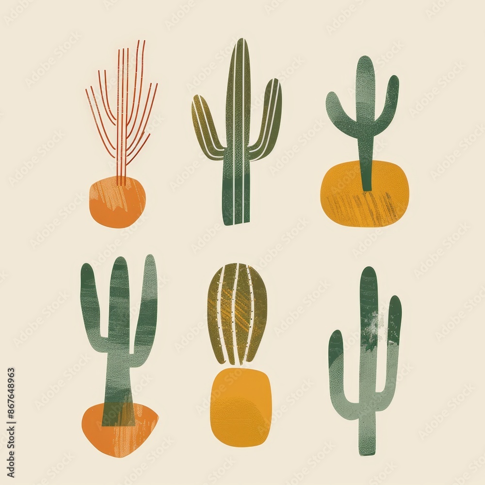 Cute set of hand-drawn cactus illustrations in pots, perfect for home decor, greeting cards, and botanical-themed designs Cute set of hand-drawn cactus illustrations in pots, perfect for home decor, greeting cards, and botanical-themed designs