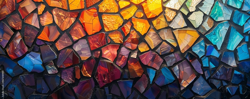 A mosaic pattern made up of tiny pieces of colored glass, reflecting the light in a dazzling display. A mosaic pattern made up of tiny pieces of colored glass, reflecting the light in a dazzling display.