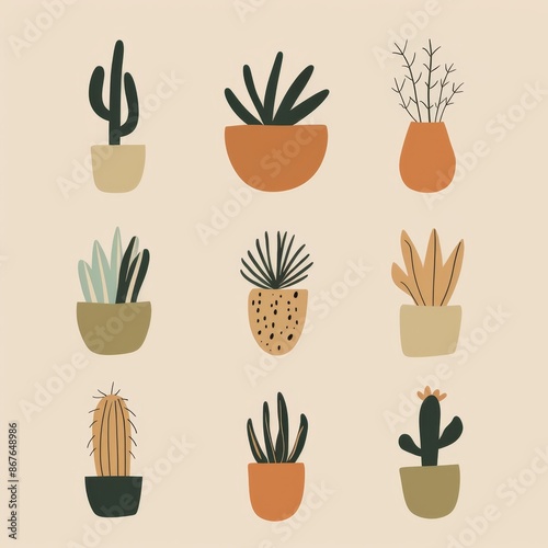 Cute set of hand-drawn cactus illustrations in pots, perfect for home decor, greeting cards, and botanical-themed designs