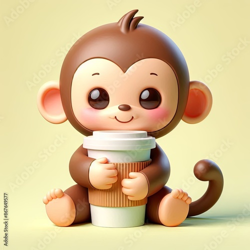 cute monkey hug coffee cup cartoon ,3d Generartive AI photo