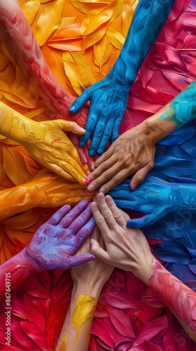 A vibrant close up of diverse hands joining together in unity symbolizing diversity and teamwork