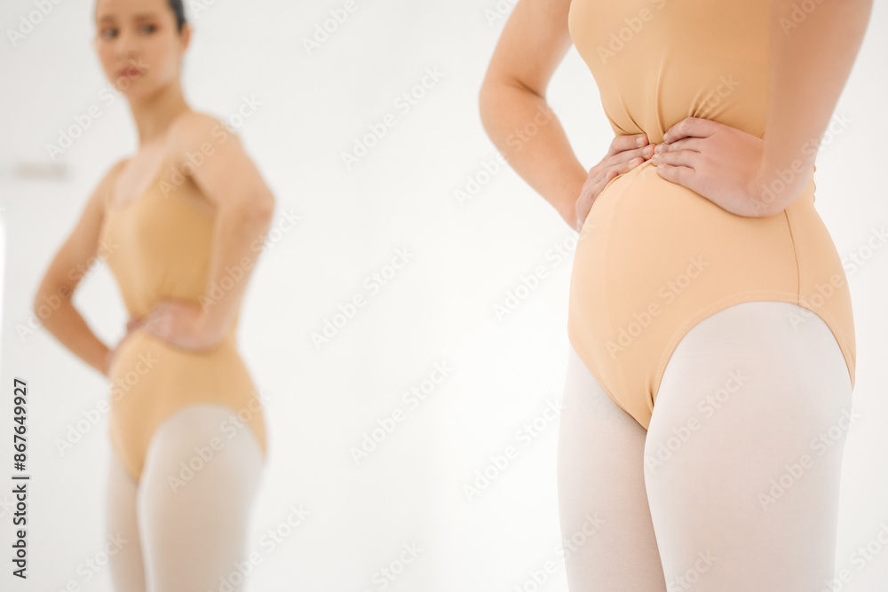 Anorexia, hands and mirror with woman in dance studio, checking body for fitness or to lose weight. Anxiety, health or wellness with reflection of artist in class for ballet, exercise of rehearsal Anorexia, hands and mirror with woman in dance studio, checking body for fitness or to lose weight. Anxiety, health or wellness with reflection of artist in class for ballet, exercise of rehearsal