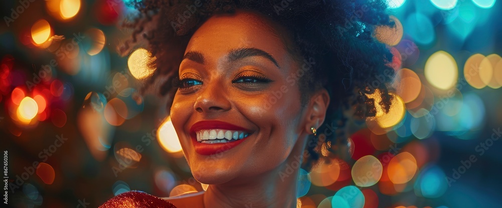 Close-Up Of A Black Woman Having Fun At A Christmas Party Close-Up Of A Black Woman Having Fun At A Christmas Party