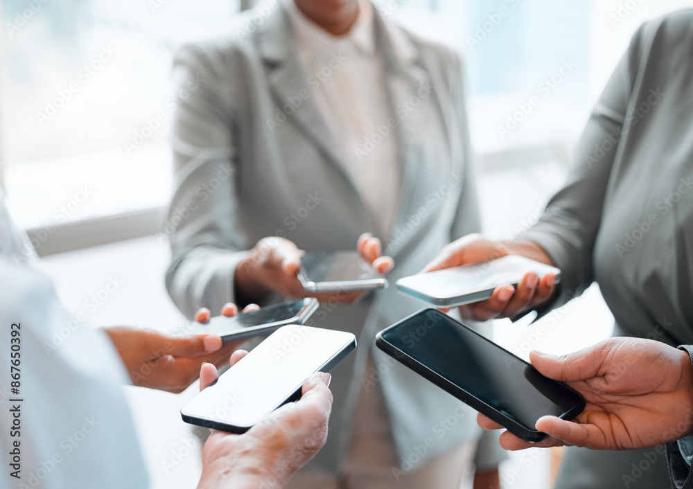 Connectivity, hands and phone with business people in huddle at office for communication or networking. Contact, data sharing and information with employee team in workplace for mobile cloud storage Connectivity, hands and phone with business people in huddle at office for communication or networking. Contact, data sharing and information with employee team in workplace for mobile cloud storage