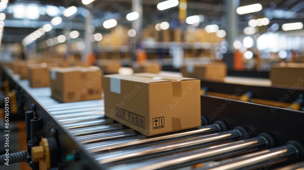 Packages on conveyor belt in modern intelligent distribution center. Packages on conveyor belt in modern intelligent distribution center.