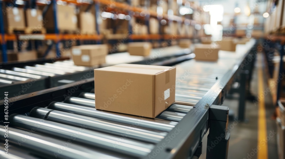 Packages on conveyor belt in modern intelligent distribution center. Packages on conveyor belt in modern intelligent distribution center.