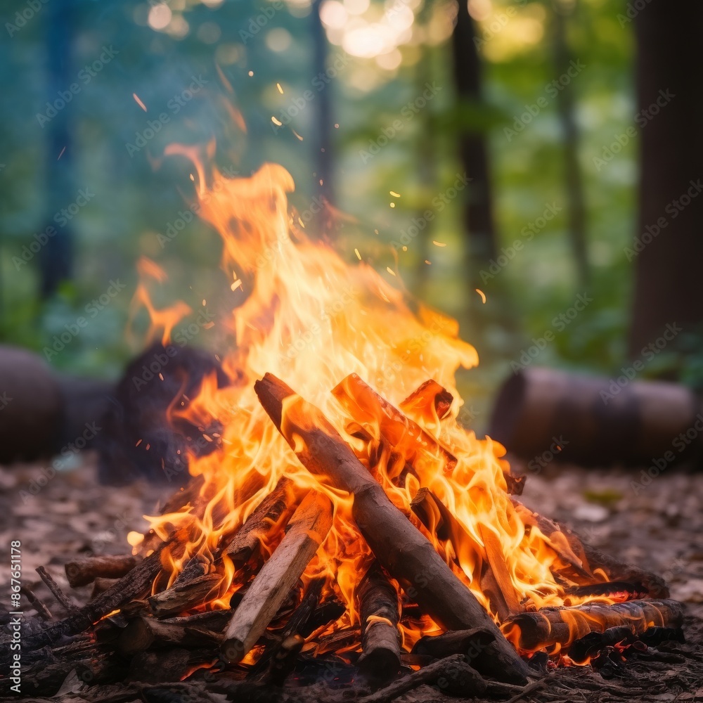 Bonfire in the forest, summer evening in the background Bonfire in the forest, summer evening in the background