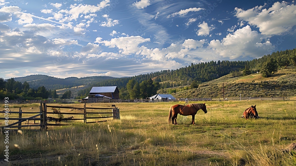Beautiful ranch and horses in the meadow Beautiful ranch and horses in the meadow
