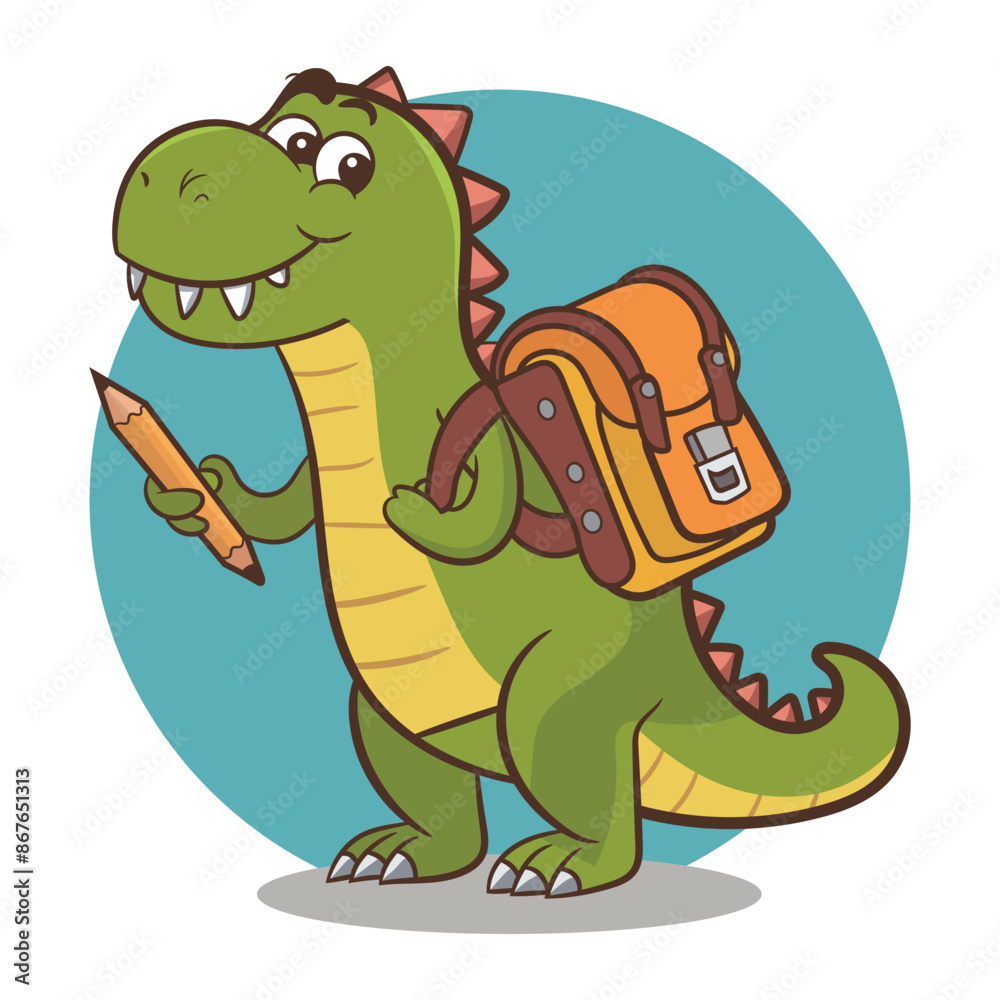 A dinosaur carrying a pencil in hand and a school bag on his back
