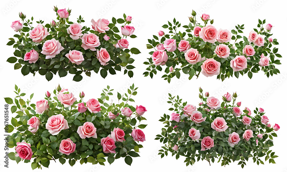 Set of beautiful pink roses with lush green leaves, cut out Set of beautiful pink roses with lush green leaves, cut out