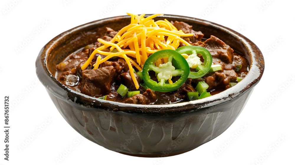 A rich beef chili, garnished with shredded cheese and slices, in a rustic bowl on a transparent background A rich beef chili, garnished with shredded cheese and slices, in a rustic bowl on a transparent background