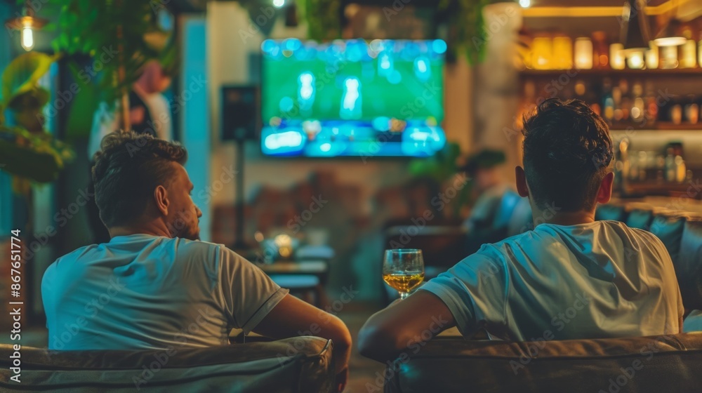 Two friends relax on plush couches at a dimly lit bar, intently watching a football game on the television while enjoying drinks Two friends relax on plush couches at a dimly lit bar, intently watching a football game on the television while enjoying drinks