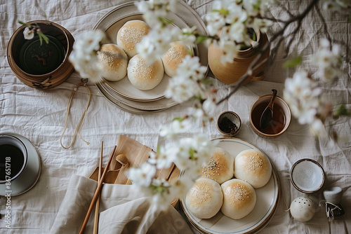 A table setting featuring steamed pork buns, tea, and traditional Asian decor.