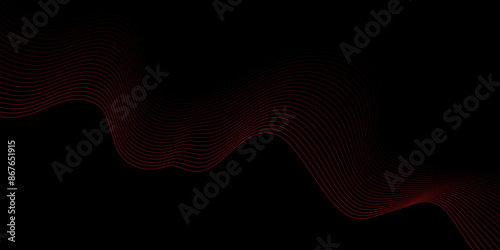 Abstract smooth red wavy line on a black background. Black background with wave design. Abstract background with red geometric wavy glowing lines.  Futuristic digital high-technology banner. Vector 