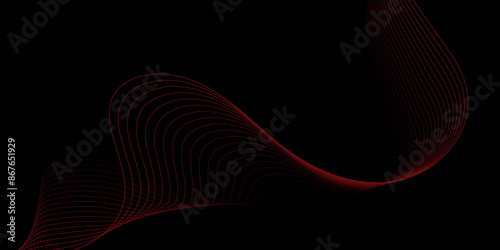 Abstract smooth red wavy line on a black background. Black background with wave design. Abstract background with red geometric wavy glowing lines.  Futuristic digital high-technology banner. Vector 