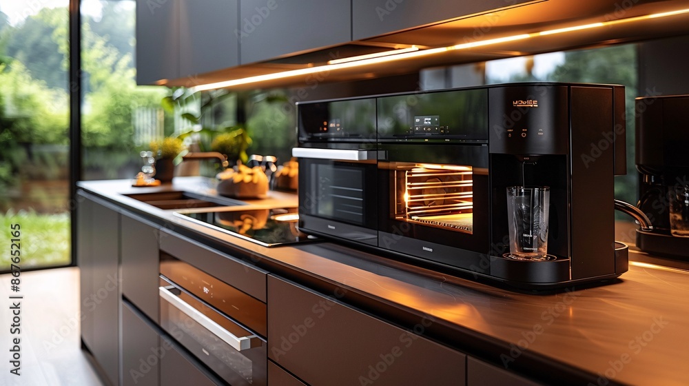 Modern kitchen with innovative technology, including a built-in coffee machine, smart oven, and under-cabinet lighting, all in a sleek, polished design. Modern kitchen with innovative technology, including a built-in coffee machine, smart oven, and under-cabinet lighting, all in a sleek, polished design.