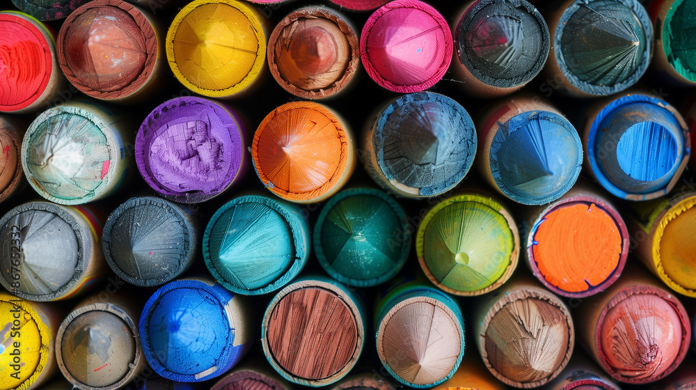 Top view of colorful pencils arranged in rows Top view of colorful pencils arranged in rows