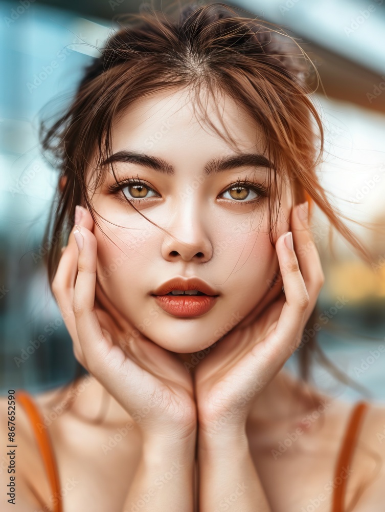 custom made wallpaper toronto digitalClose-up portrait of a young woman with striking eyes and stylish hair, holding her face with both hands, looking directly at the camera.