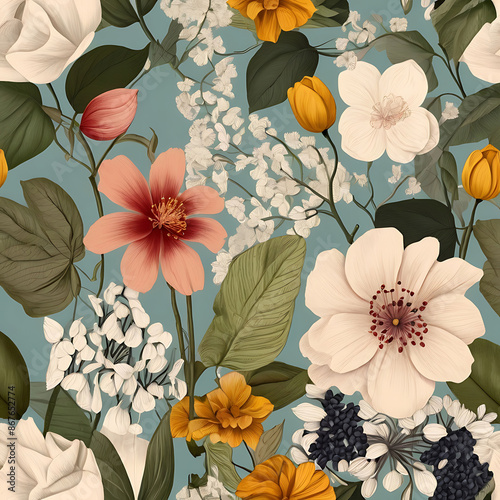 abstract multicolor a solid hibiscus blooming flowers motif arrangement with medium tone, all over vector design with cream background illustration digital image for wrapping paper or textile printing