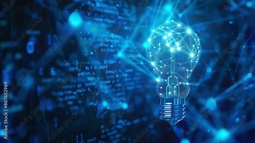 Artificial intelligence data digital innovation, abstract blue glow light bulb on dark blue background. Generative AI Artificial intelligence data digital innovation, abstract blue glow light bulb on dark blue background. Generative AI