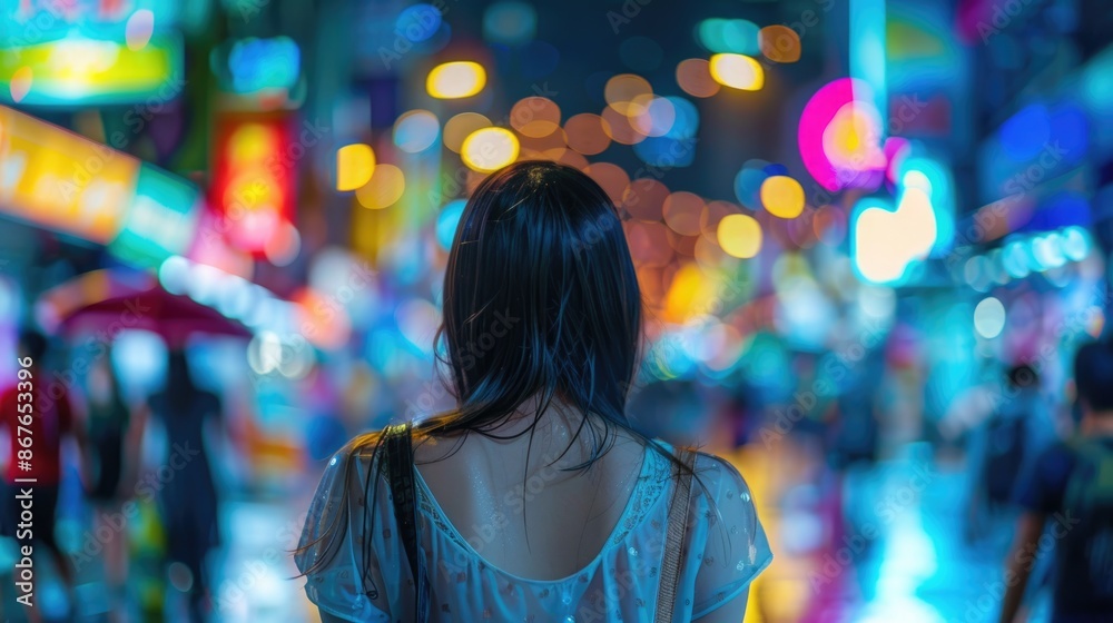 Naklejka premium Urban Nightlife Vibes: Woman's Back View in Yaowarat Street, Bangkok