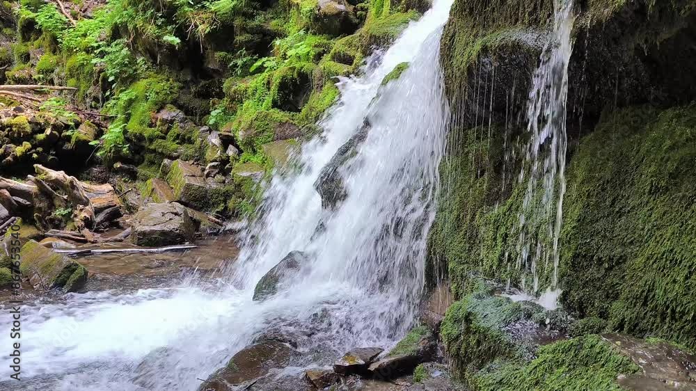 wooden waterfall in mountains, clear fresh water wooden waterfall in mountains, clear fresh water