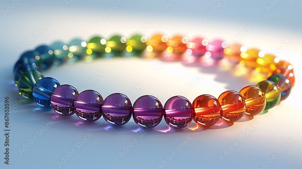 A bright and colorful LGBTQ pride bracelet made of rainbow beads, lying flat on a white surface A bright and colorful LGBTQ pride bracelet made of rainbow beads, lying flat on a white surface