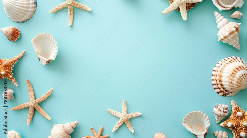 Sea shell frame on light blue background flat lay with text space Sea shell frame on light blue background flat lay with text space