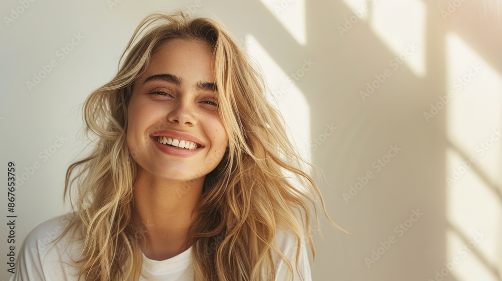 Radiant Blonde Woman Smiling in Sunlit Room Radiant Blonde Woman Smiling in Sunlit Room