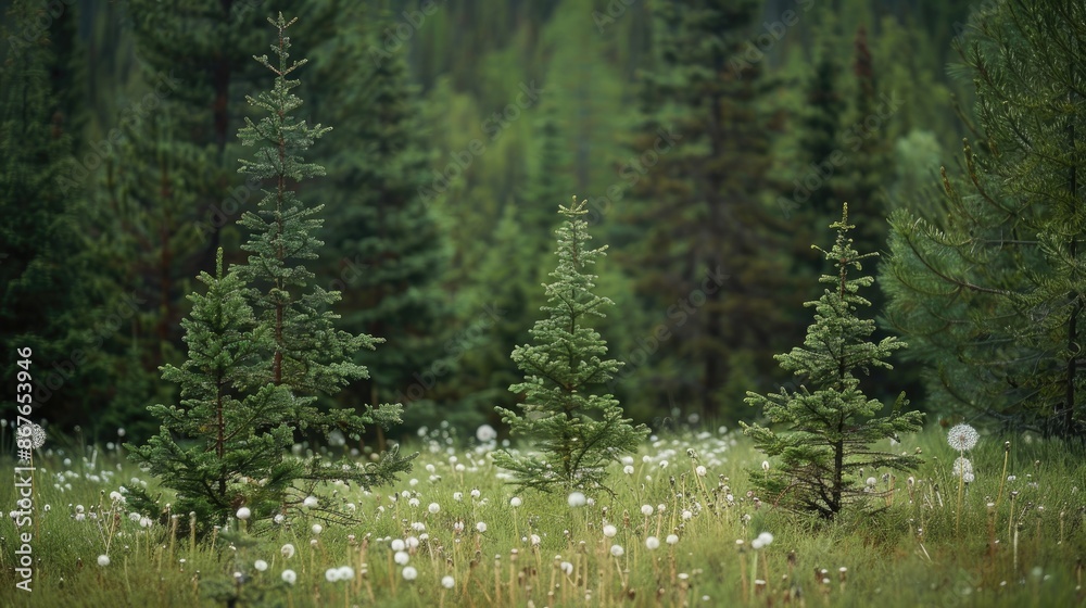 Fototapeta premium Young spruce trees thrive in a dandelion filled field amidst the forest backdrop