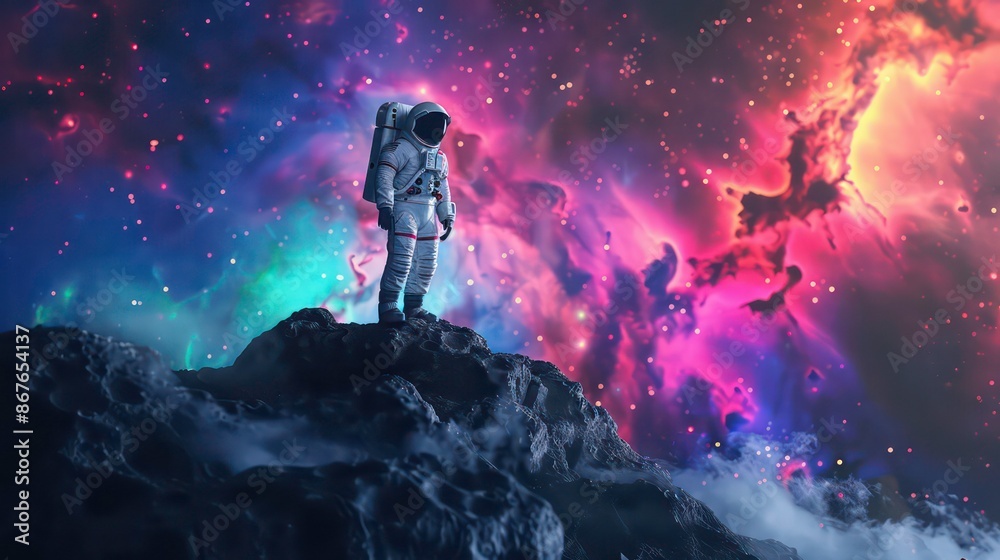 Fototapeta premium Astronaut on the surface of a rock with a space colorful background, an astronaut walks on the moon in a space suit. Generative AI
