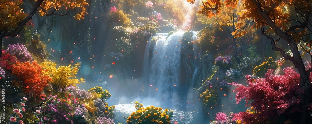 A secret garden hidden behind a waterfall, its paths winding through a maze of colorful flowers and exotic plants. A secret garden hidden behind a waterfall, its paths winding through a maze of colorful flowers and exotic plants.
