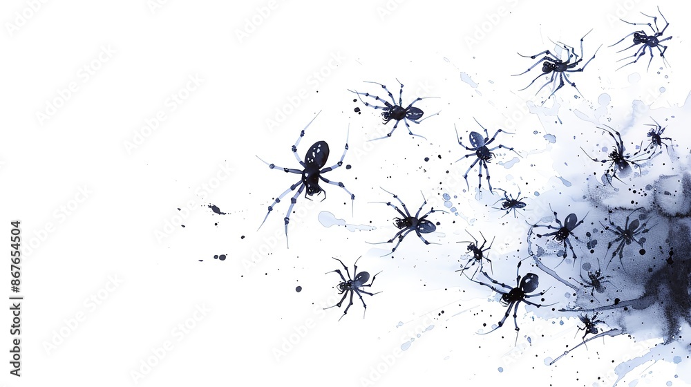 Abstract watercolor illustration of spiders in an artistic style against a white background, perfect for Halloween or spooky designs. Abstract watercolor illustration of spiders in an artistic style against a white background, perfect for Halloween or spooky designs.