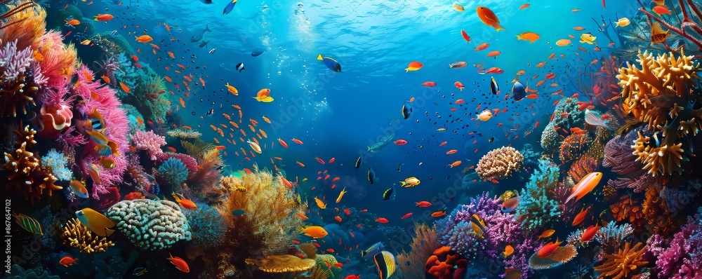 A vibrant coral reef bustling with activity, with colorful fish darting among intricate coral formations. A vibrant coral reef bustling with activity, with colorful fish darting among intricate coral formations.