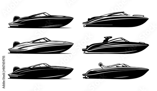 Set of iconic speedboat and motorboat silhouettes. Boat logo and clipart vector collection.