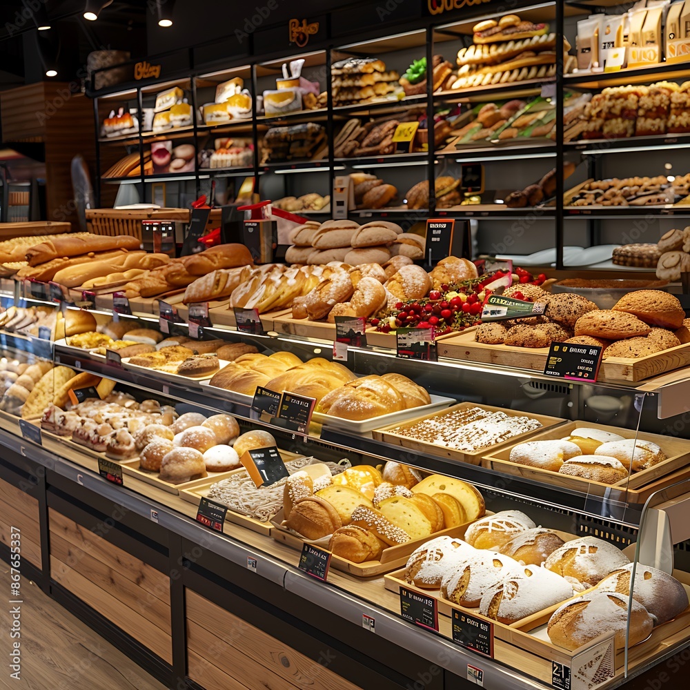 Subtle digital kiosk with a blank display, located in the bakery aisle of a megastore, perfect for ads.
