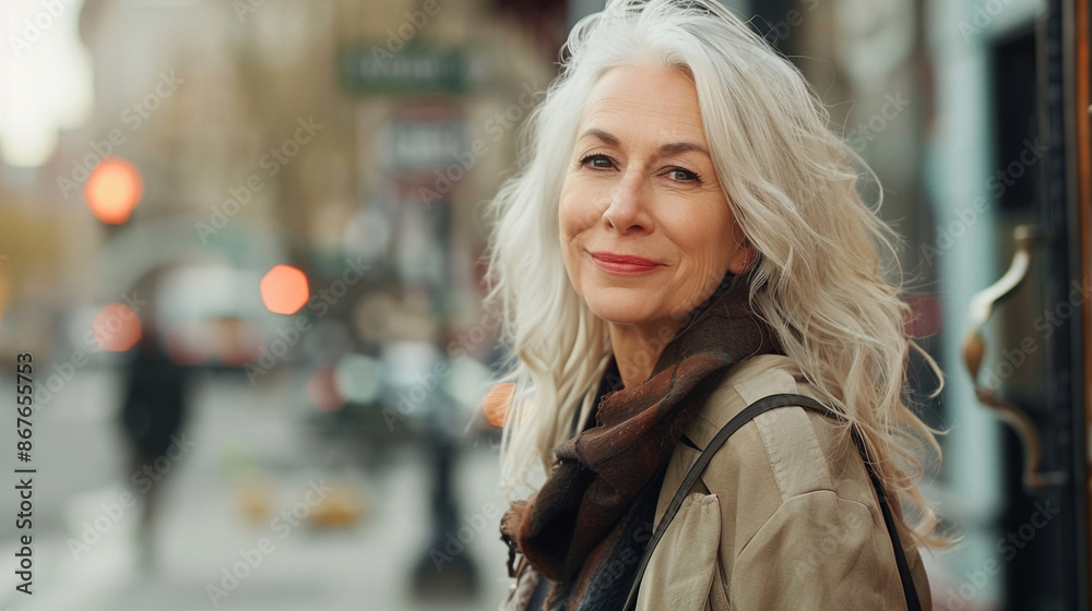 White haired beautiful mature woman posing in a city street looking at the camera White haired beautiful mature woman posing in a city street looking at the camera